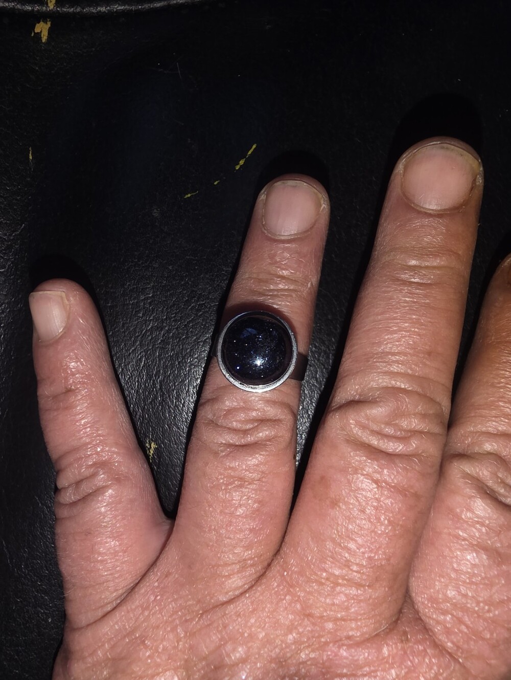 Black Gemsstone (Onyx Or Obsidian) Adjustable Silver Tone Ring